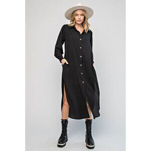 Found My Forever Button Down Wool Dobby Dress in Black